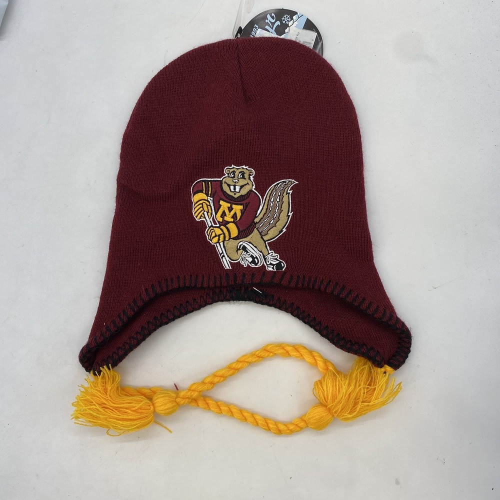 MN Gophers Pom Beanie Ropes Maroon Gold University of Minnesota Hat OSFA